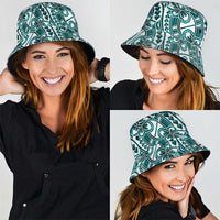 Hibiscus Bloom Island Tribal Waves Bucket Hat Teal Polynesian Pattern