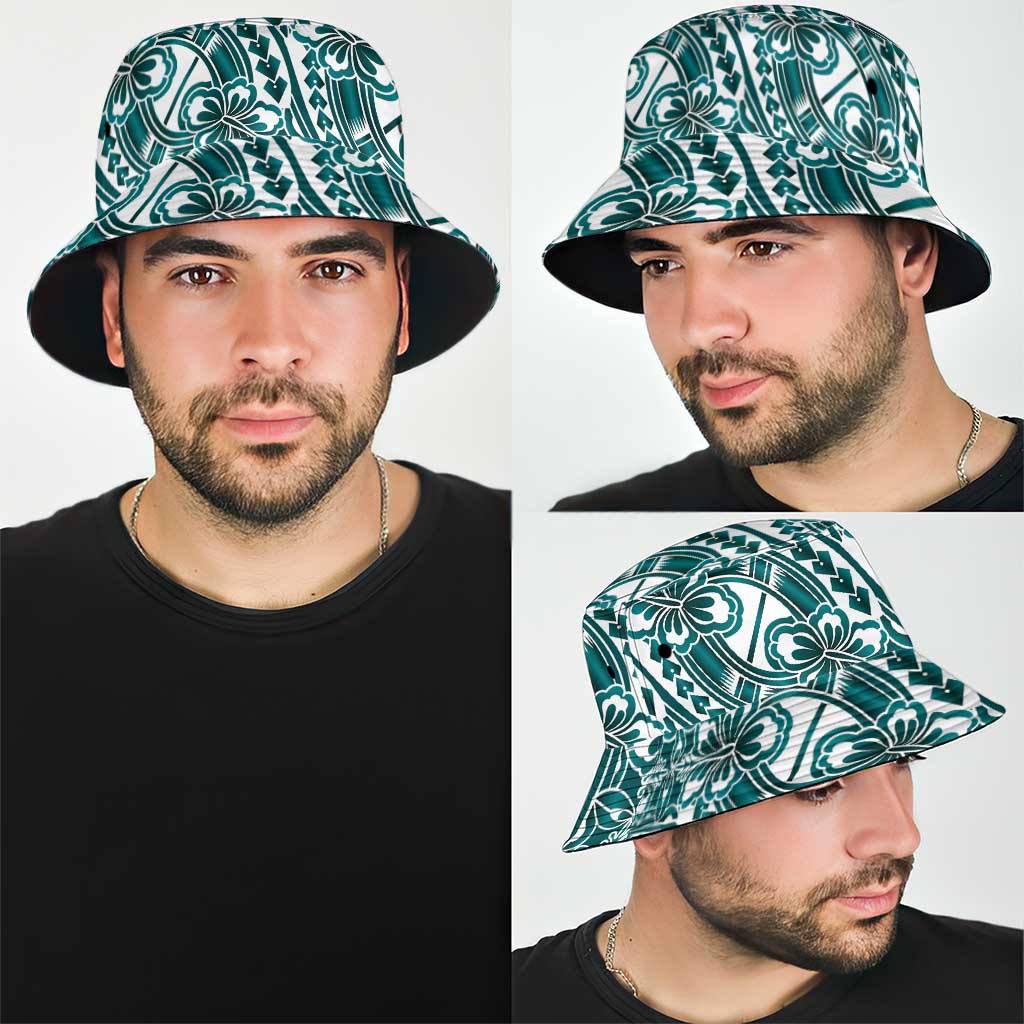 Hibiscus Bloom Island Tribal Waves Bucket Hat Teal Polynesian Pattern