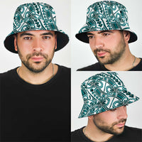Hibiscus Bloom Island Tribal Waves Bucket Hat Teal Polynesian Pattern