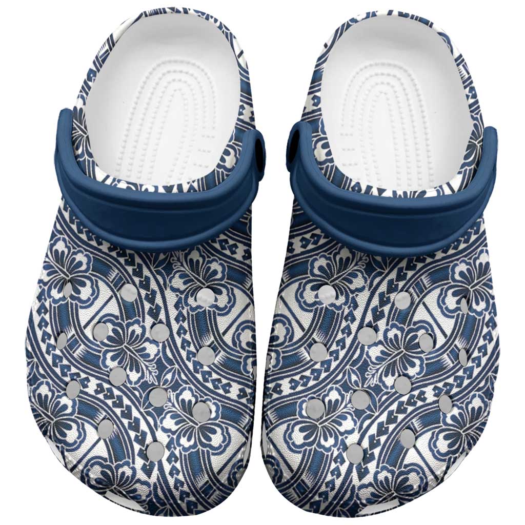 Hibiscus Bloom Island Tribal Waves Clogs Shoes Blue Polynesian Pattern