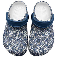 Hibiscus Bloom Island Tribal Waves Clogs Shoes Blue Polynesian Pattern