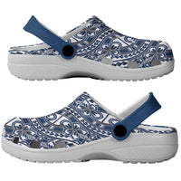 Hibiscus Bloom Island Tribal Waves Clogs Shoes Blue Polynesian Pattern