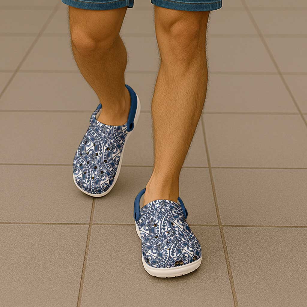 Hibiscus Bloom Island Tribal Waves Clogs Shoes Blue Polynesian Pattern