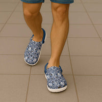Hibiscus Bloom Island Tribal Waves Clogs Shoes Blue Polynesian Pattern