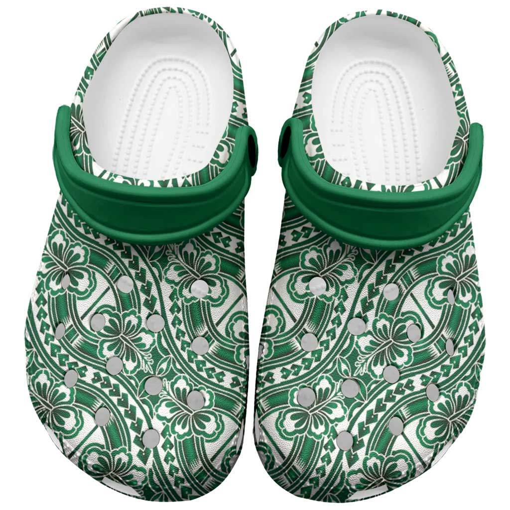 Hibiscus Bloom Island Tribal Waves Clogs Shoes Green Polynesian Pattern
