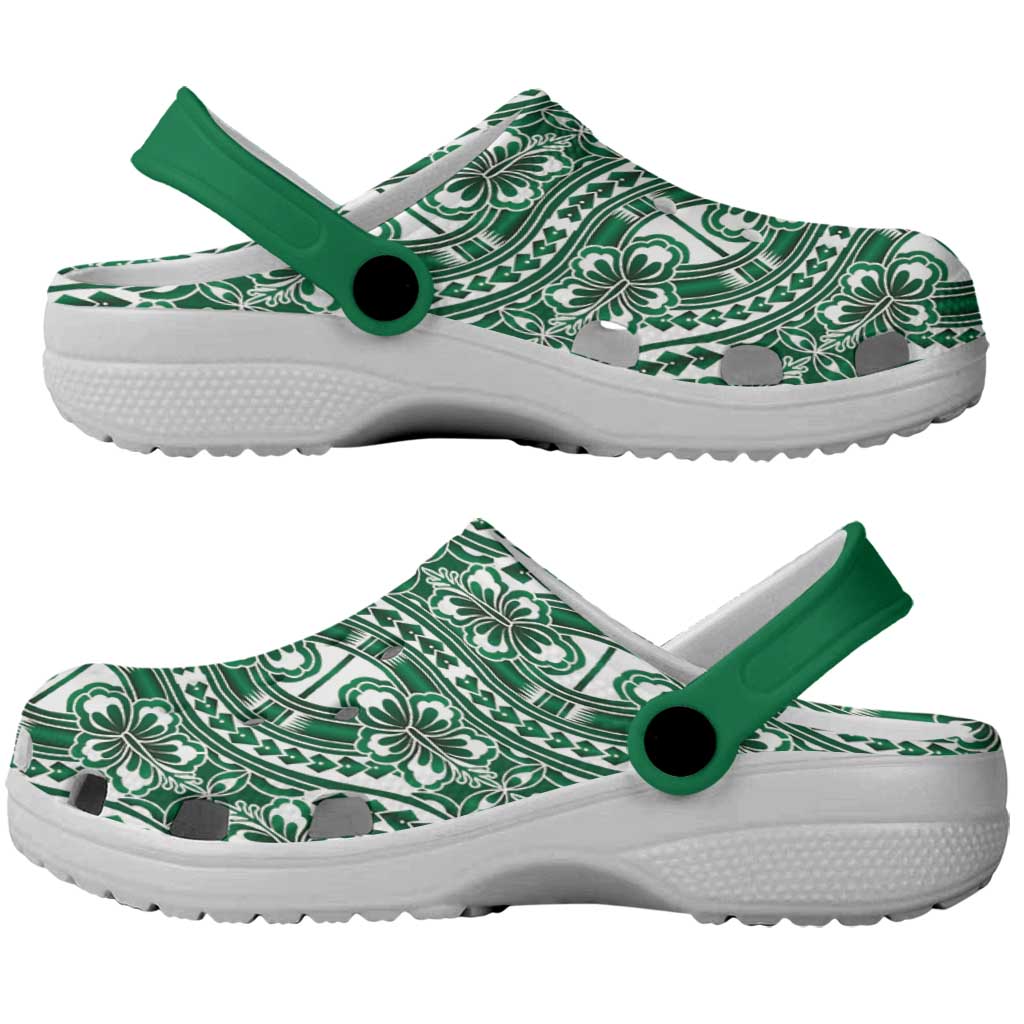 Hibiscus Bloom Island Tribal Waves Clogs Shoes Green Polynesian Pattern