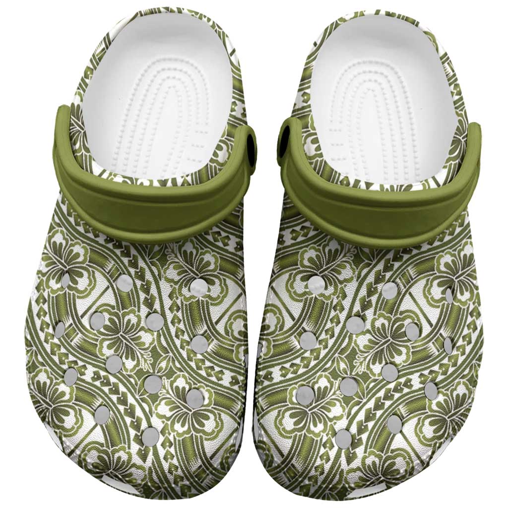 Hibiscus Bloom Island Tribal Waves Clogs Shoes Olive Green Polynesian Pattern