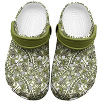 Hibiscus Bloom Island Tribal Waves Clogs Shoes Olive Green Polynesian Pattern