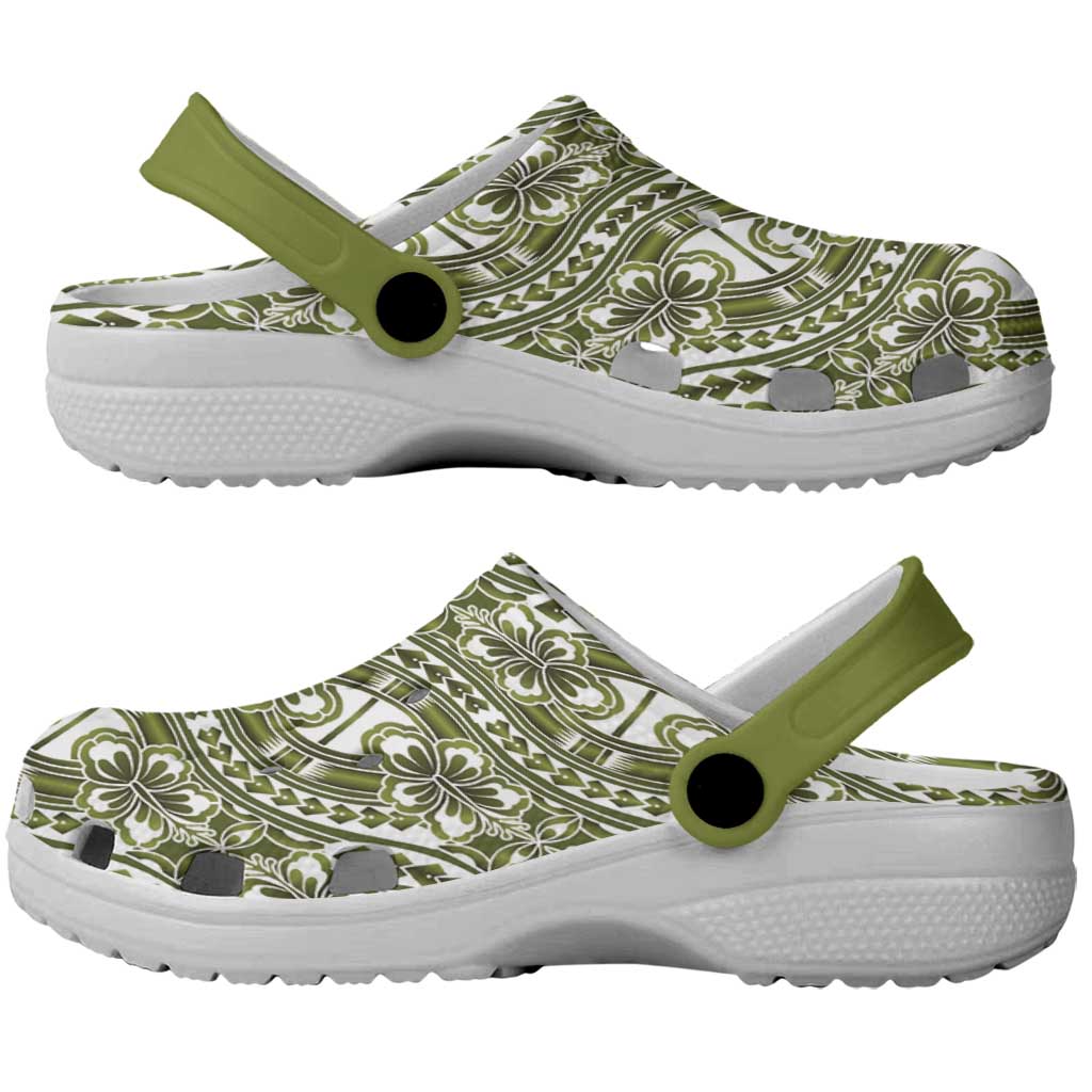 Hibiscus Bloom Island Tribal Waves Clogs Shoes Olive Green Polynesian Pattern