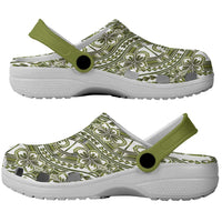 Hibiscus Bloom Island Tribal Waves Clogs Shoes Olive Green Polynesian Pattern