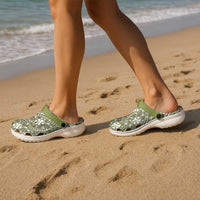Hibiscus Bloom Island Tribal Waves Clogs Shoes Olive Green Polynesian Pattern