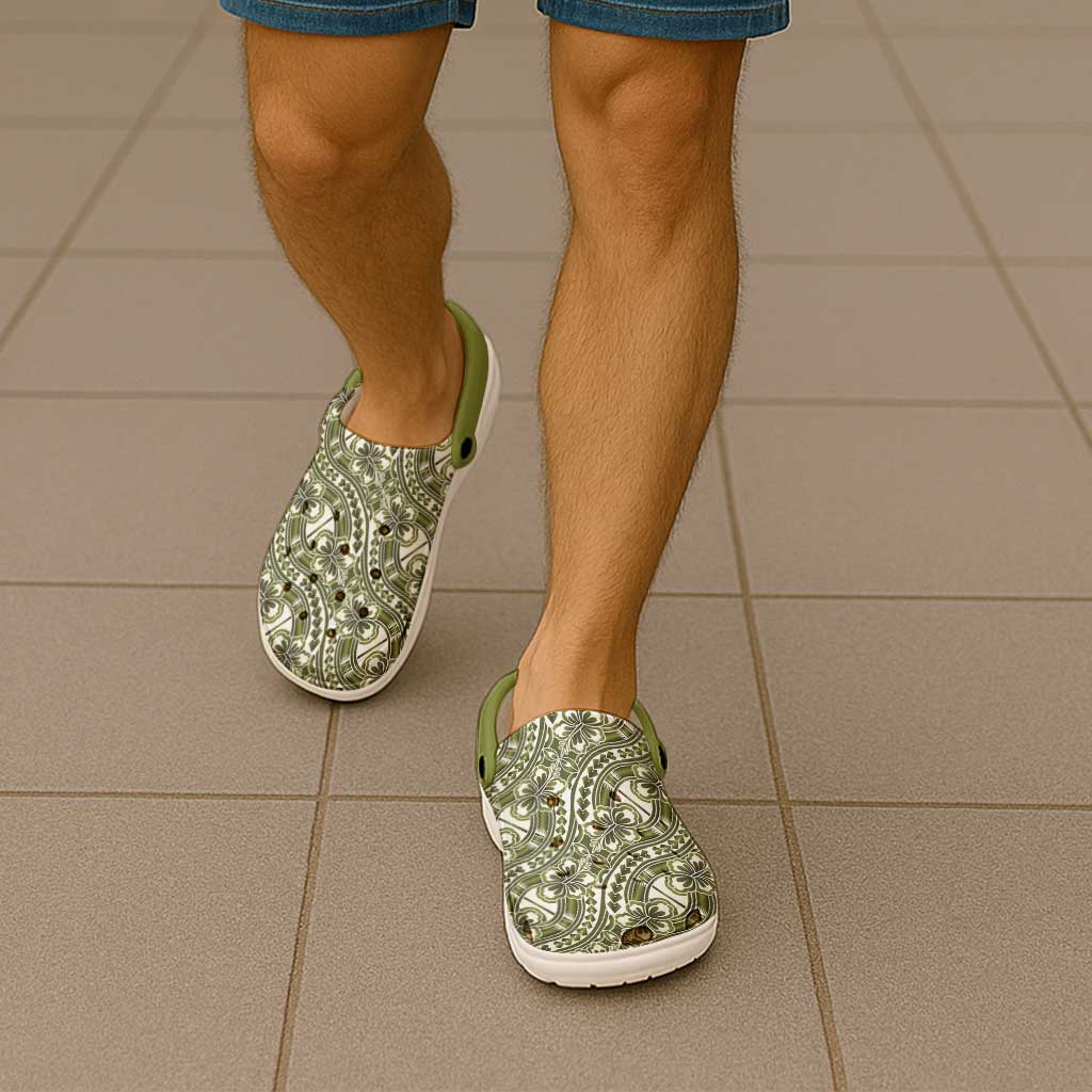 Hibiscus Bloom Island Tribal Waves Clogs Shoes Olive Green Polynesian Pattern