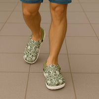 Hibiscus Bloom Island Tribal Waves Clogs Shoes Olive Green Polynesian Pattern