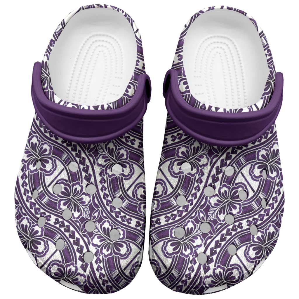 Hibiscus Bloom Island Tribal Waves Clogs Shoes Purple Polynesian Pattern