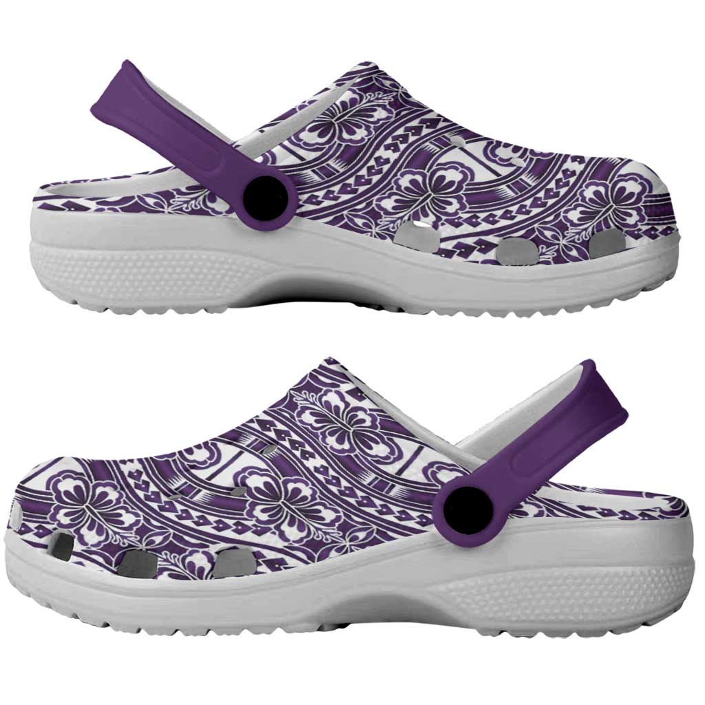 Hibiscus Bloom Island Tribal Waves Clogs Shoes Purple Polynesian Pattern