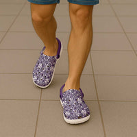 Hibiscus Bloom Island Tribal Waves Clogs Shoes Purple Polynesian Pattern