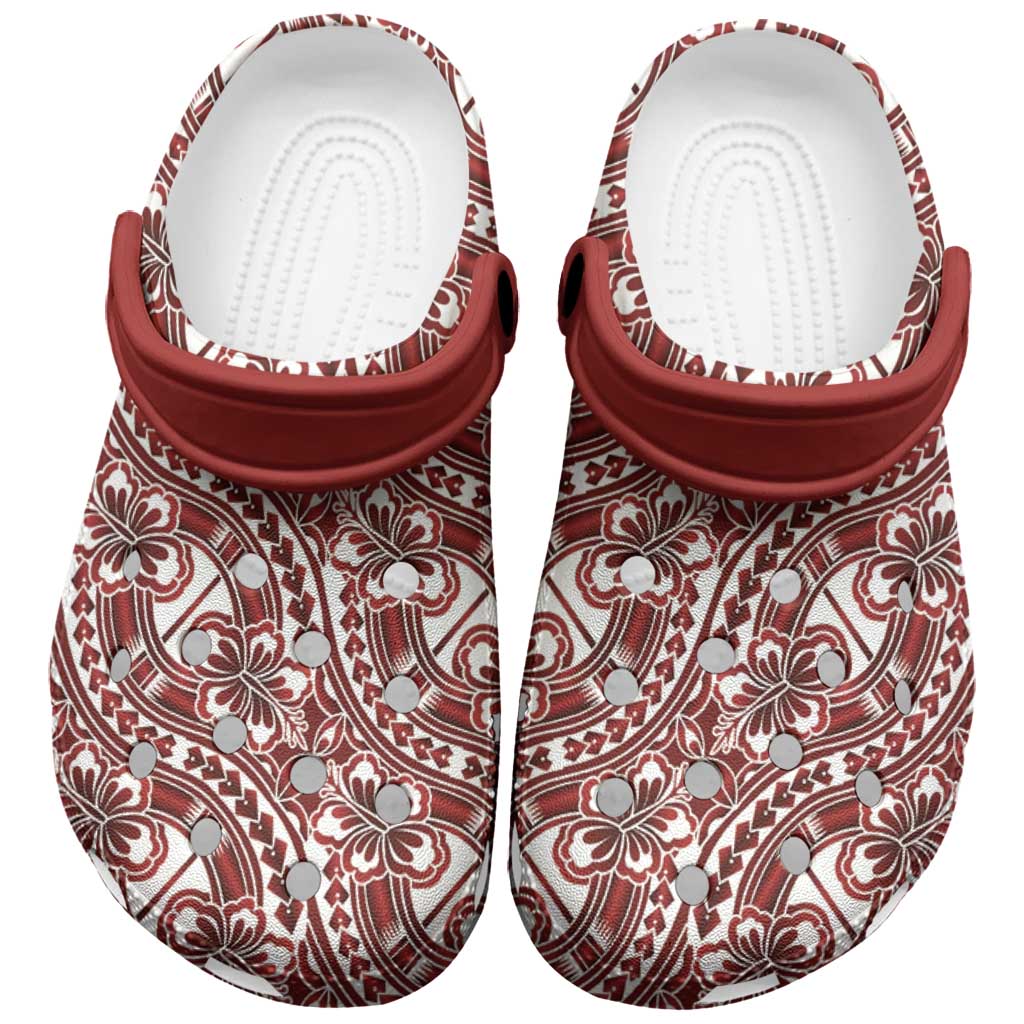 Hibiscus Bloom Island Tribal Waves Clogs Shoes Red Polynesian Pattern