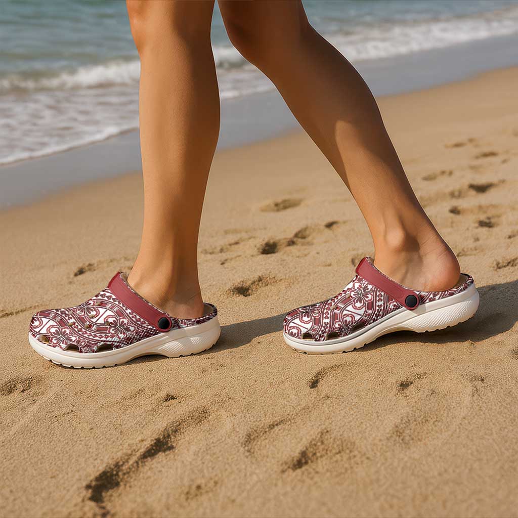 Hibiscus Bloom Island Tribal Waves Clogs Shoes Red Polynesian Pattern