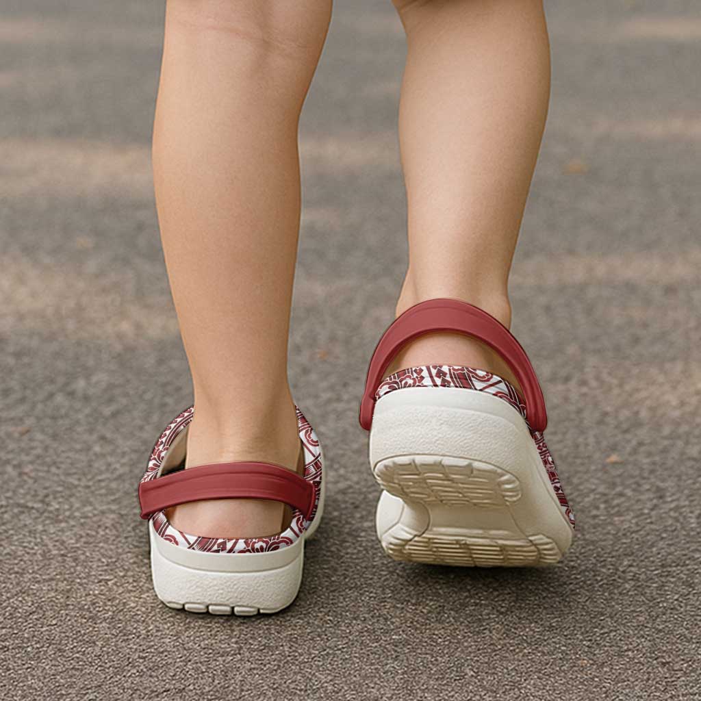 Hibiscus Bloom Island Tribal Waves Clogs Shoes Red Polynesian Pattern