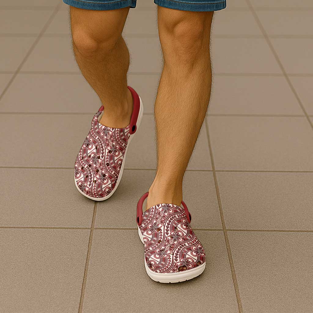 Hibiscus Bloom Island Tribal Waves Clogs Shoes Red Polynesian Pattern