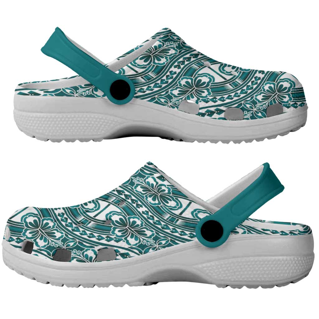 Hibiscus Bloom Island Tribal Waves Clogs Shoes Teal Polynesian Pattern LT01 - Polynesian Pride