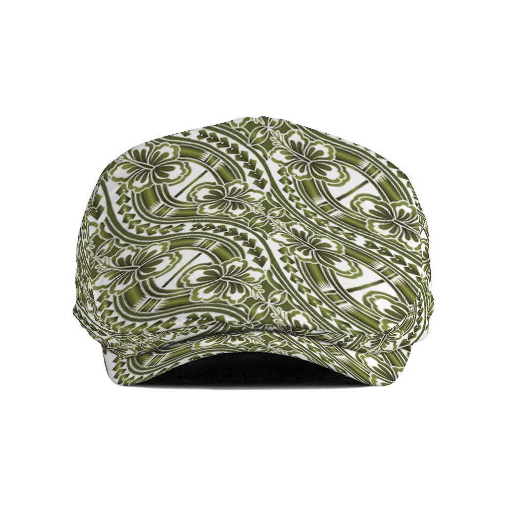 Hibiscus Bloom Island Tribal Waves Jeff Hat Olive Green Polynesian Pattern