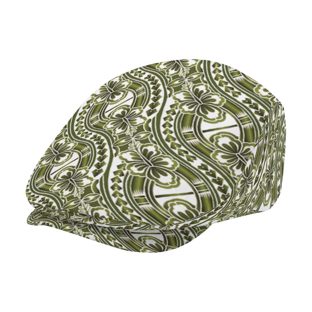 Hibiscus Bloom Island Tribal Waves Jeff Hat Olive Green Polynesian Pattern