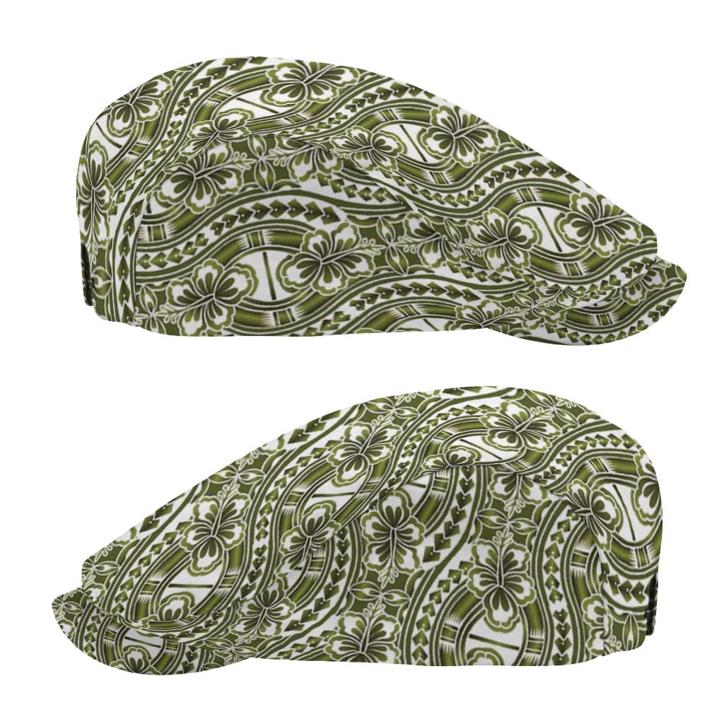 Hibiscus Bloom Island Tribal Waves Jeff Hat Olive Green Polynesian Pattern