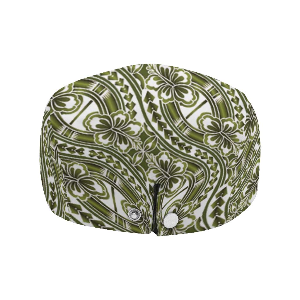 Hibiscus Bloom Island Tribal Waves Jeff Hat Olive Green Polynesian Pattern
