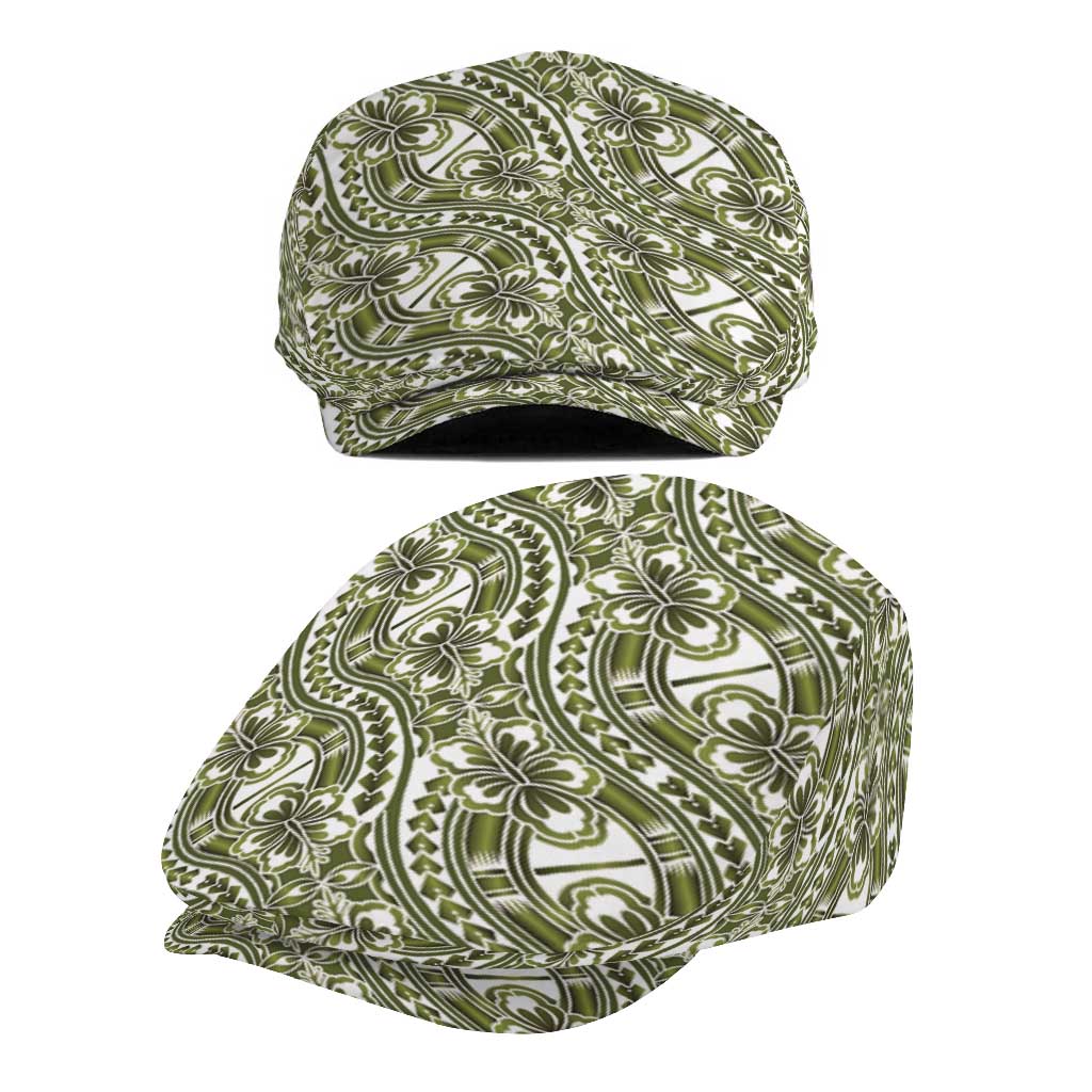 Hibiscus Bloom Island Tribal Waves Jeff Hat Olive Green Polynesian Pattern