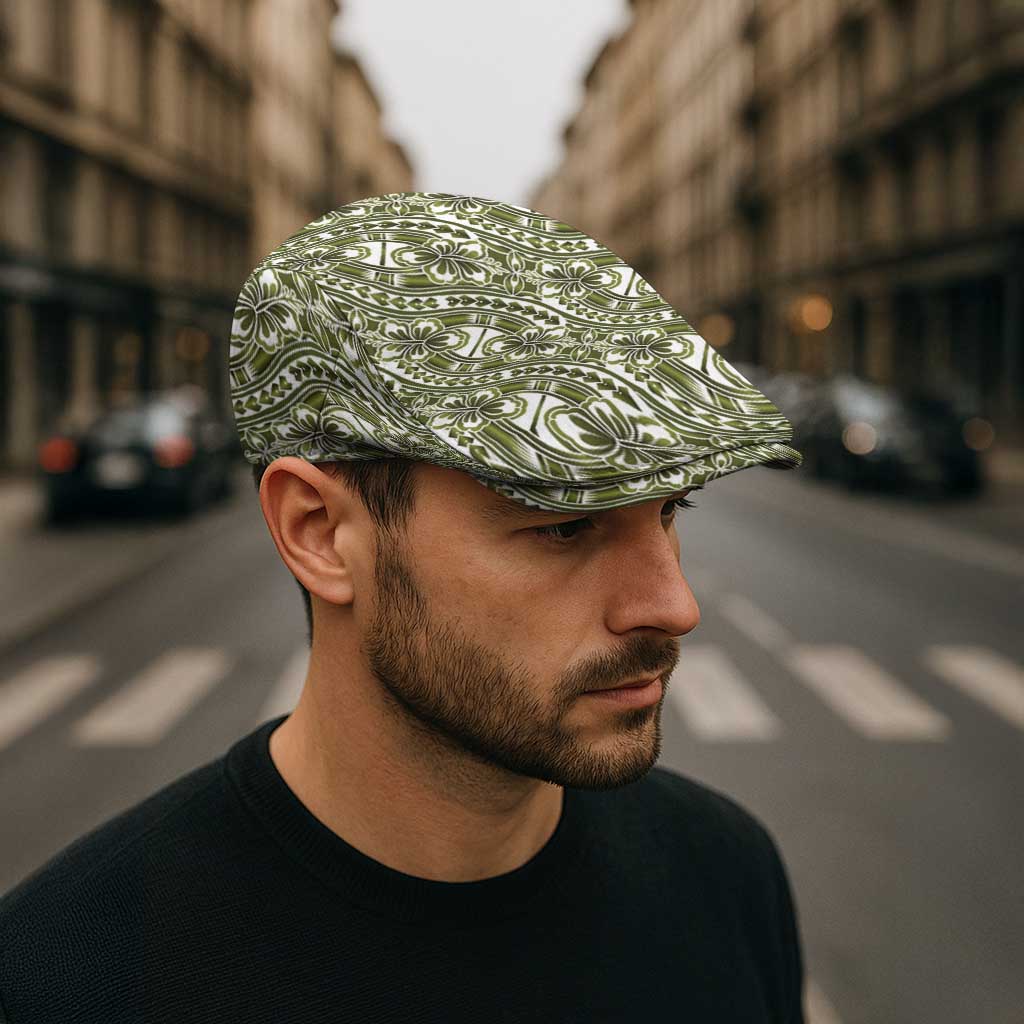 Hibiscus Bloom Island Tribal Waves Jeff Hat Olive Green Polynesian Pattern