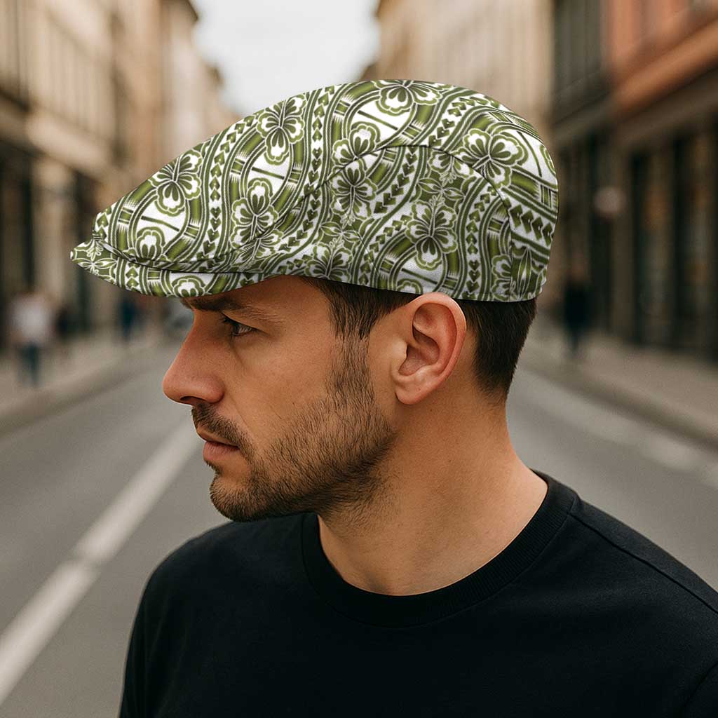 Hibiscus Bloom Island Tribal Waves Jeff Hat Olive Green Polynesian Pattern
