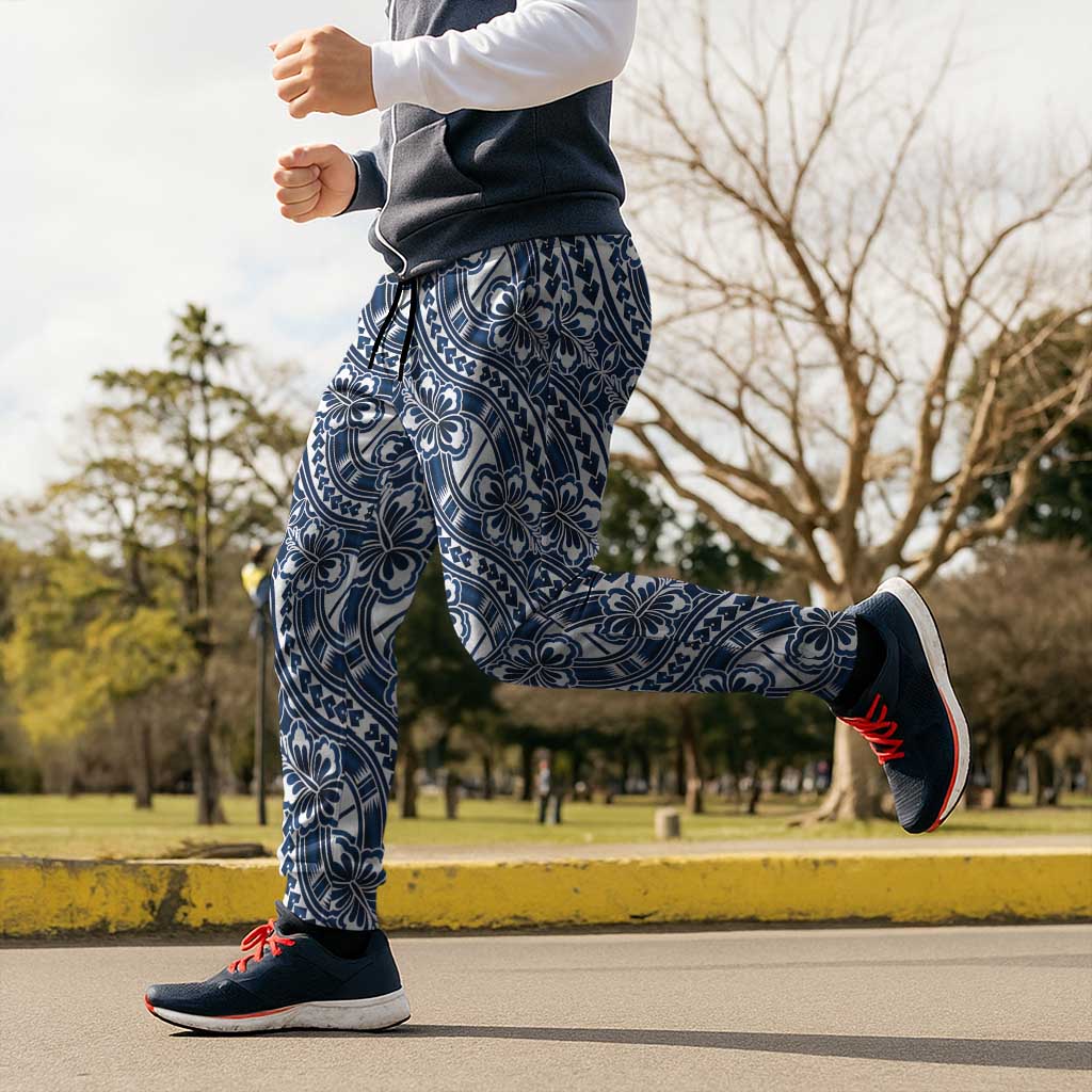 Hibiscus Bloom Island Tribal Waves Jogger Pants Blue Polynesian Pattern