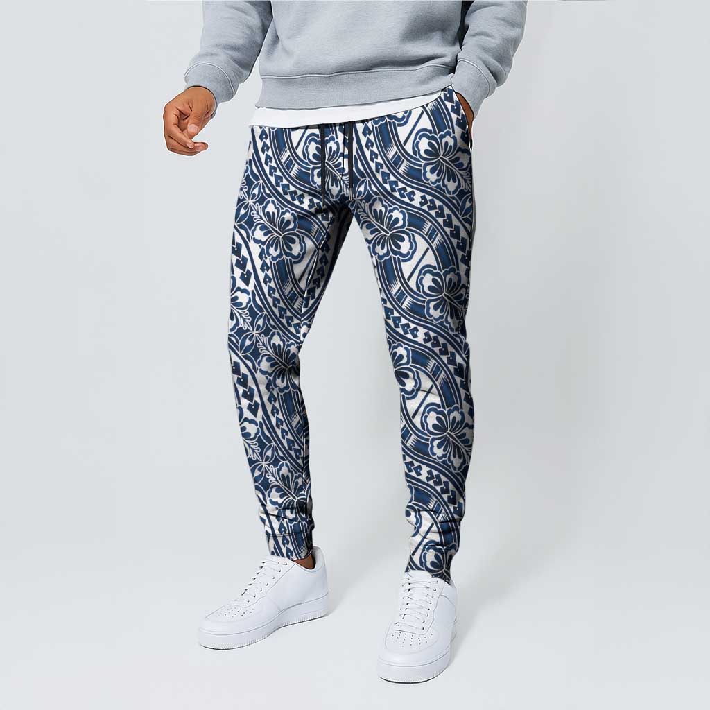 Hibiscus Bloom Island Tribal Waves Jogger Pants Blue Polynesian Pattern