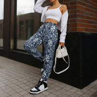 Hibiscus Bloom Island Tribal Waves Jogger Pants Blue Polynesian Pattern