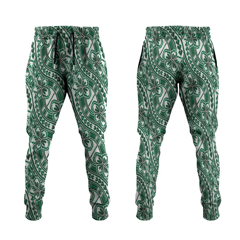 Hibiscus Bloom Island Tribal Waves Jogger Pants Green Polynesian Pattern