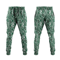 Hibiscus Bloom Island Tribal Waves Jogger Pants Green Polynesian Pattern