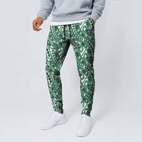 Hibiscus Bloom Island Tribal Waves Jogger Pants Green Polynesian Pattern