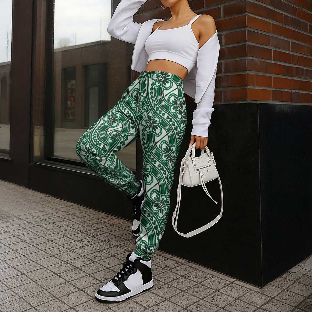 Hibiscus Bloom Island Tribal Waves Jogger Pants Green Polynesian Pattern