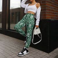 Hibiscus Bloom Island Tribal Waves Jogger Pants Green Polynesian Pattern