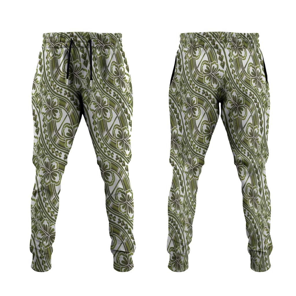 Hibiscus Bloom Island Tribal Waves Jogger Pants Olive Green Polynesian Pattern