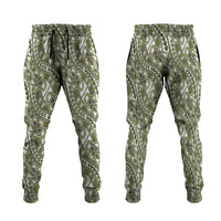 Hibiscus Bloom Island Tribal Waves Jogger Pants Olive Green Polynesian Pattern