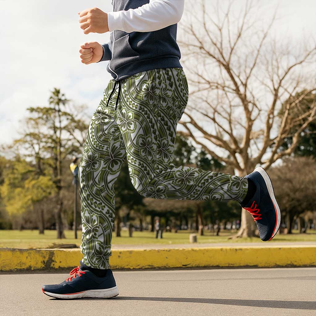 Hibiscus Bloom Island Tribal Waves Jogger Pants Olive Green Polynesian Pattern
