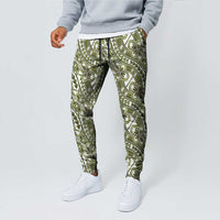Hibiscus Bloom Island Tribal Waves Jogger Pants Olive Green Polynesian Pattern