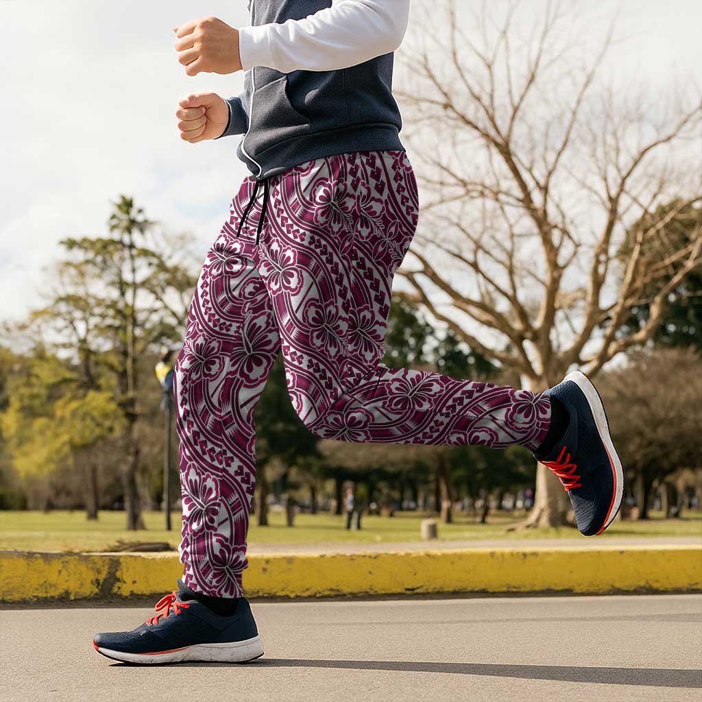 Hibiscus Bloom Island Tribal Waves Jogger Pants Pink Polynesian Pattern