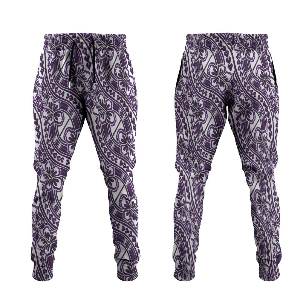 Hibiscus Bloom Island Tribal Waves Jogger Pants Purple Polynesian Pattern