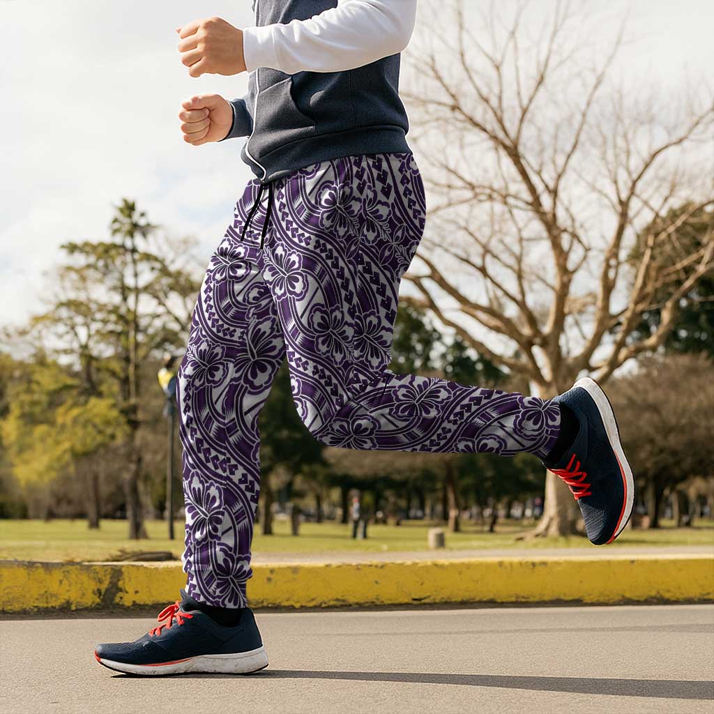 Hibiscus Bloom Island Tribal Waves Jogger Pants Purple Polynesian Pattern