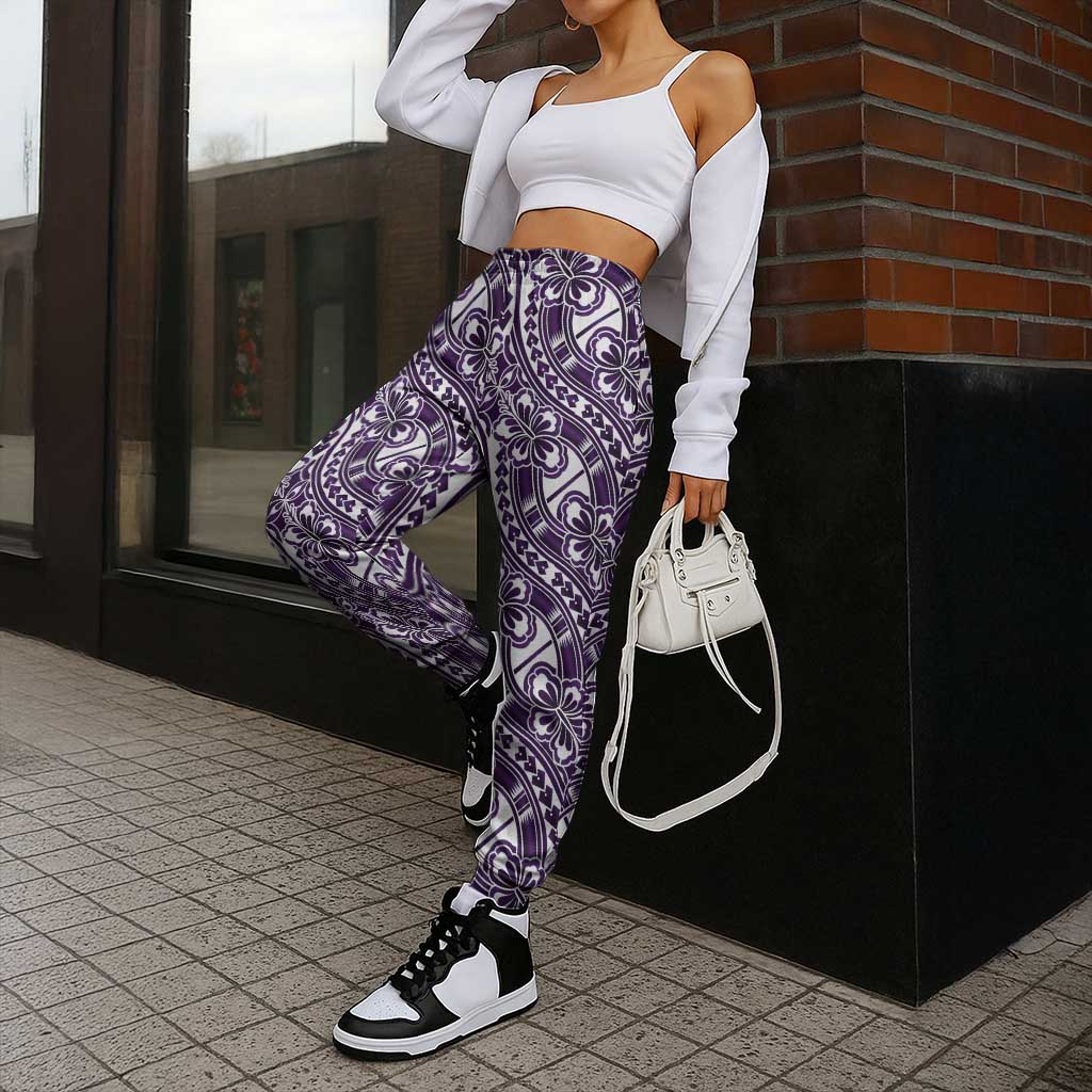 Hibiscus Bloom Island Tribal Waves Jogger Pants Purple Polynesian Pattern