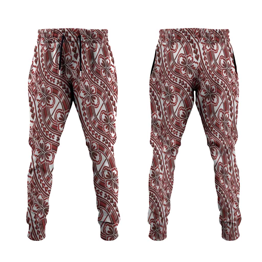 Hibiscus Bloom Island Tribal Waves Jogger Pants Red Polynesian Pattern