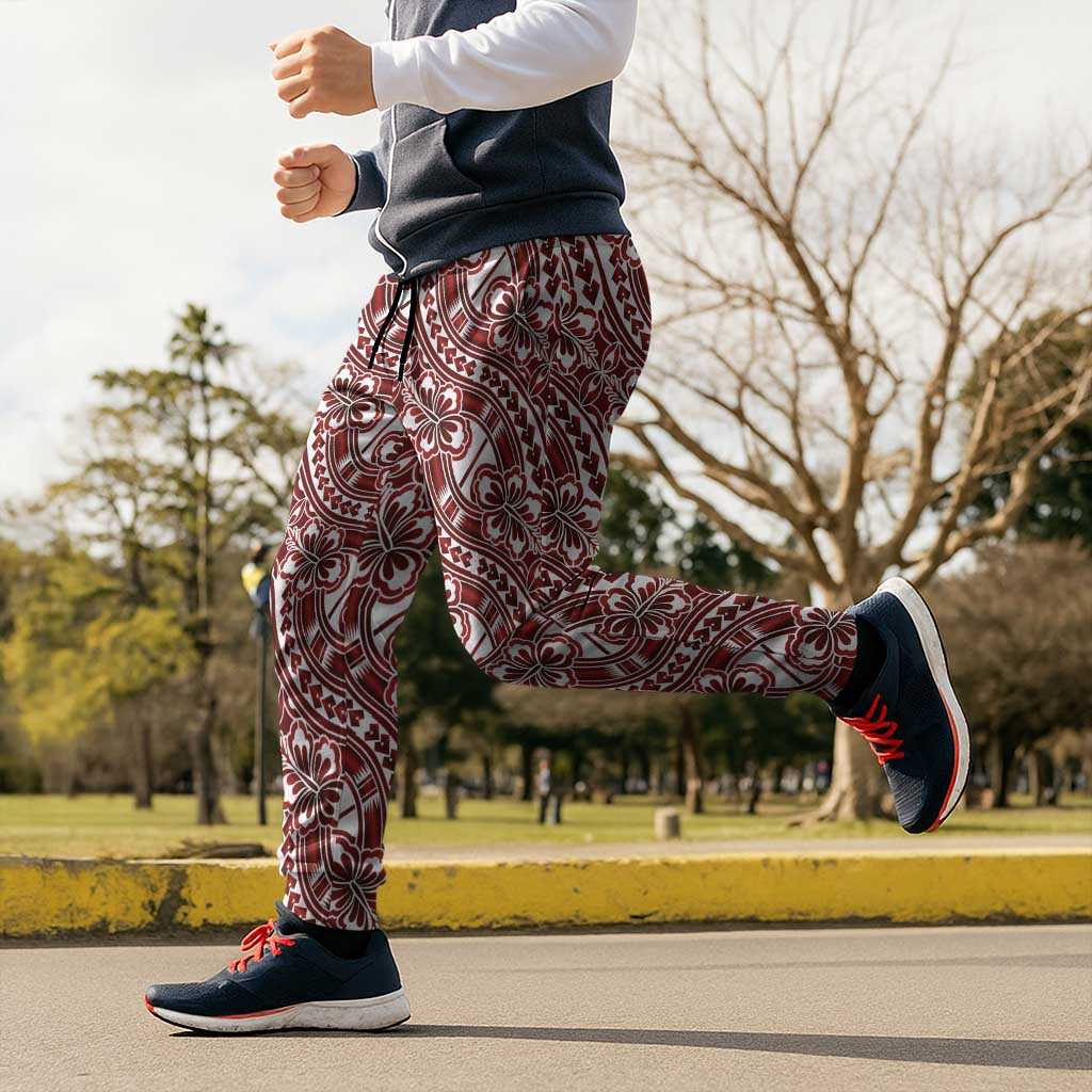 Hibiscus Bloom Island Tribal Waves Jogger Pants Red Polynesian Pattern